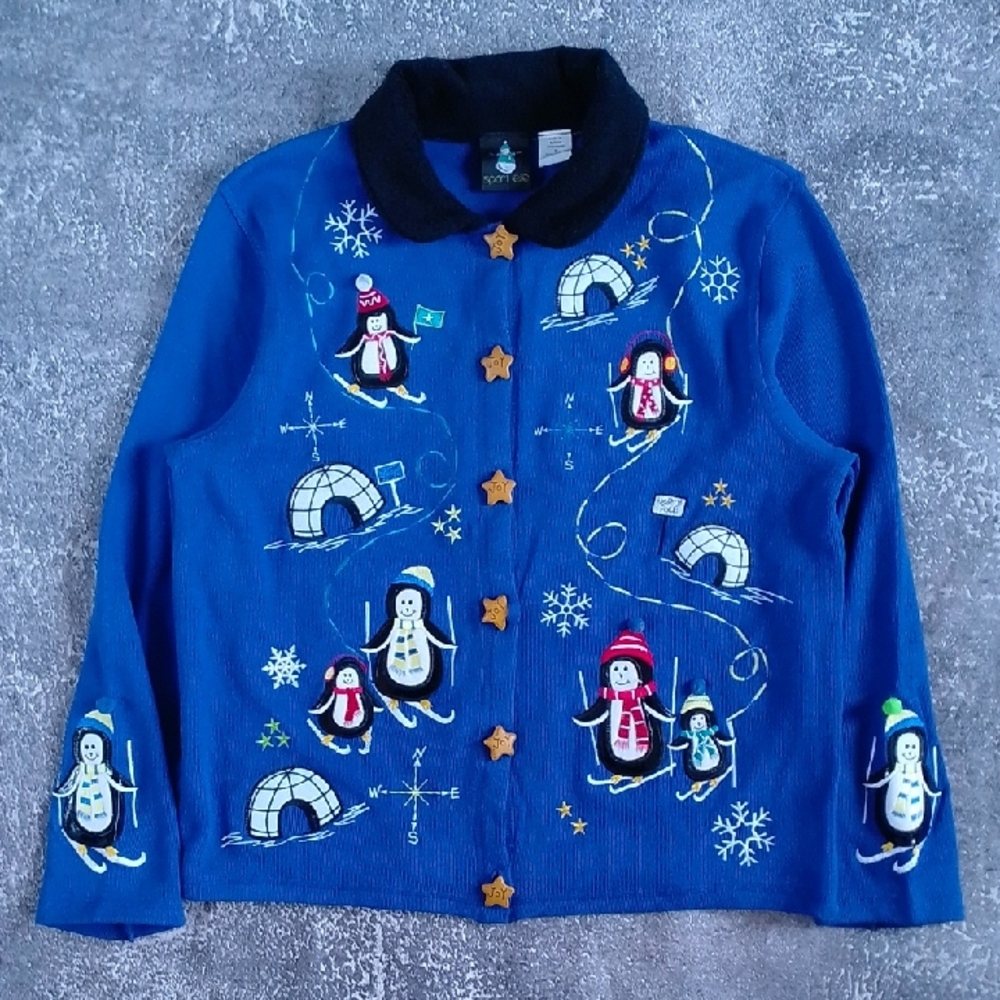 Vintage 90s Ugly Skiing Penguins Cardigan Blue Sweater